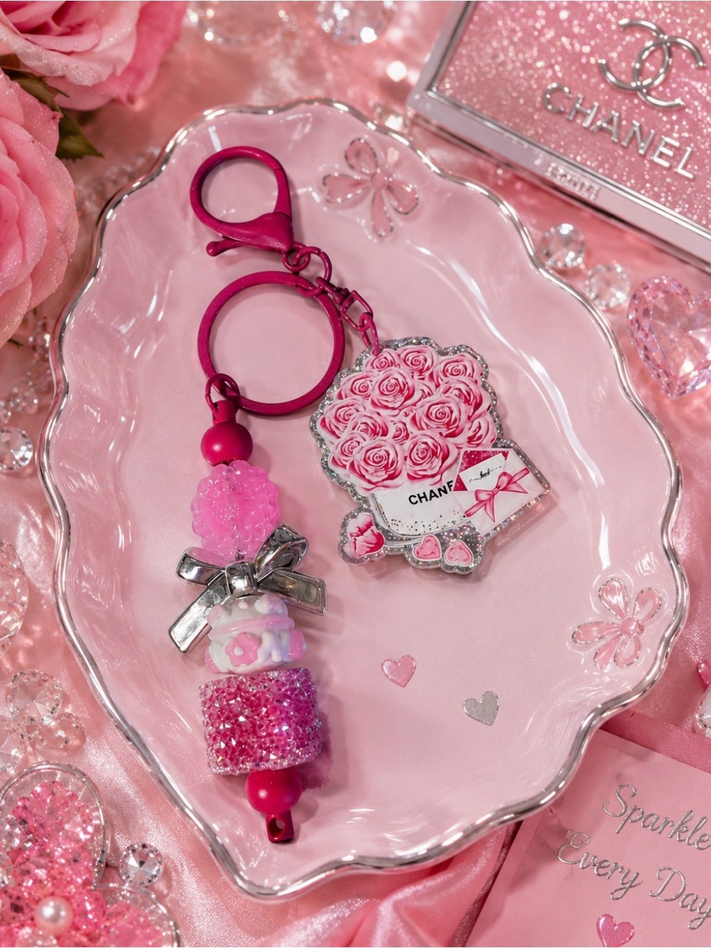 Hand Crafted Inspired Pink Rose & Charm Keychain Keychain